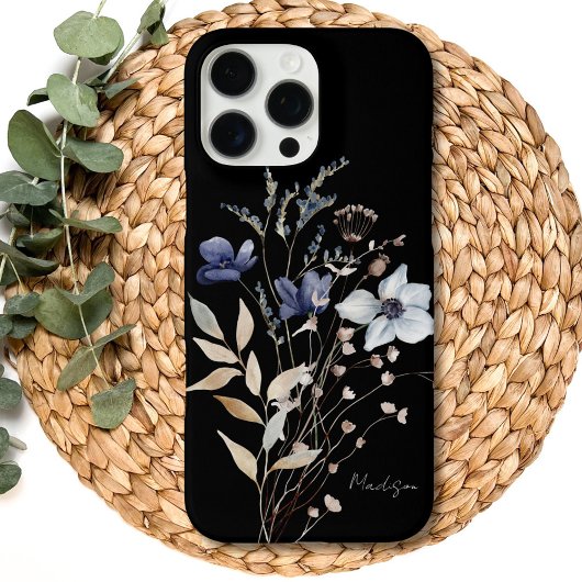 Coques Case-Mate iPhone Chic Fleur Bleue Aquarelle Monogrammée