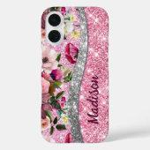 Coques Case-Mate iPhone Chic floral glittery Purple rose argent monogramme (Verso)