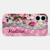 Coques Case-Mate iPhone Chic floral glittery Purple rose argent monogramme (Verso (horizontal))