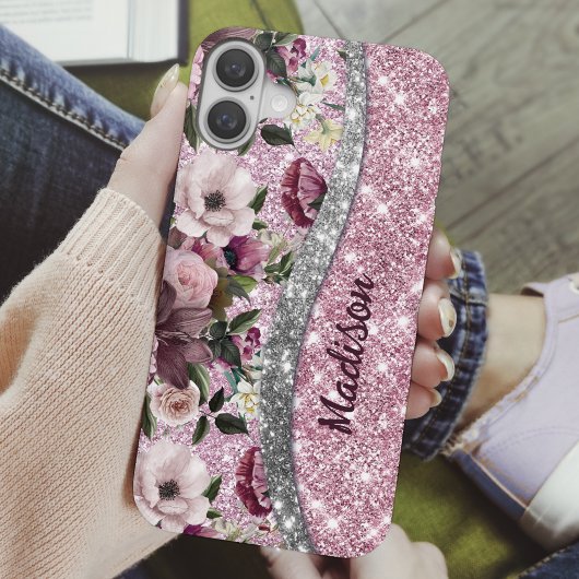 Coques Case-Mate iPhone Chic floral glittery Purple rose argent monogramme