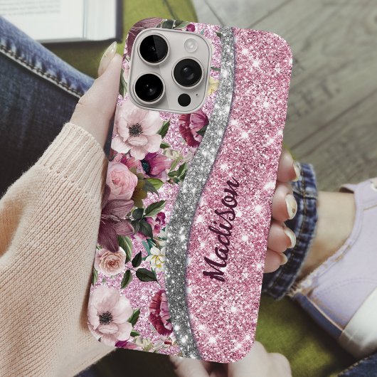 Coques Case-Mate iPhone Chic floral glittery Purple rose argent monogramme