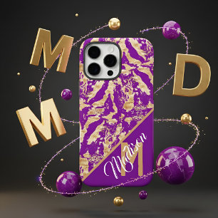 Coques iPhone 16 Pro Max Chic Golden Marble violet Custom monogramme initia