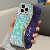 Chic iridescent violet bleu faux monogramme paille