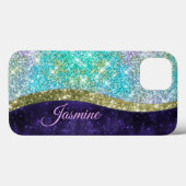 Coques Case-Mate iPhone Chic iridescent violet bleu faux monogramme paille (Verso (horizontal))