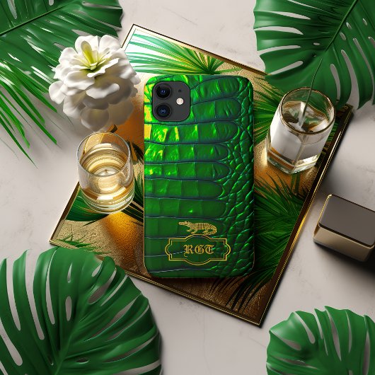 Coques Case-Mate iPhone Chic Iridescente Vert Faux Crocodile Monogramme