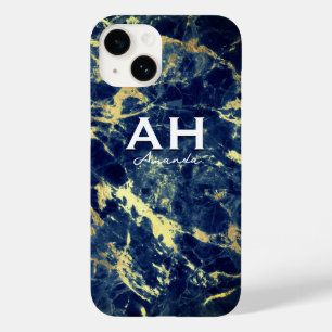 Coque Pour iPhone 14 chic marine marbre bleu faux or parties scintillan