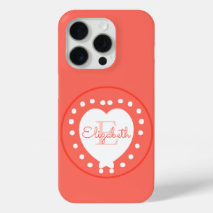 Coque iPhone 15 Pro Chic Monogramme Corail Coeur blanc Lettre initiale