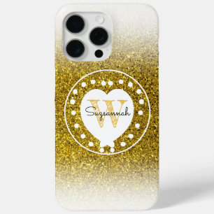 Coque iPhone 15 Pro Max Chic Monogramme Gold Parties scintillant coeur Let