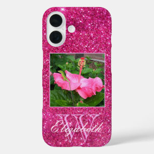 Coques iPhone 16 Chic Monogramme Parties scintillant rose étincelle