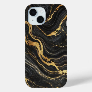 Coque Pour iPhone 15 Chic noir et or métallisé aspect marbre Glamour