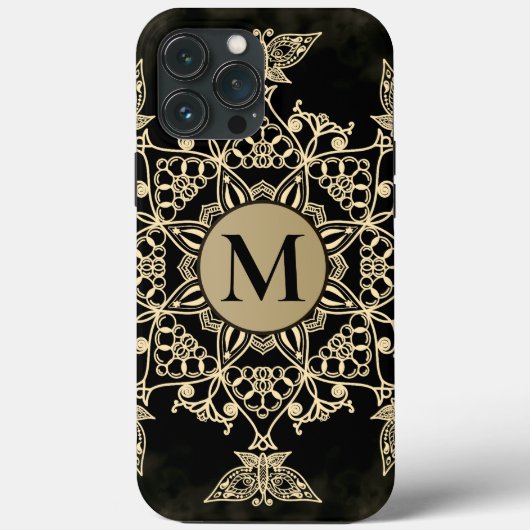 Coques Case-Mate iPhone Chic noir monogramme d'or mandala girly (Verso)