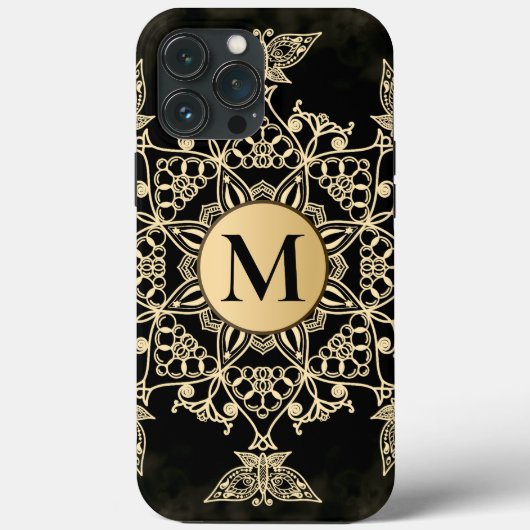 Coques Case-Mate iPhone Chic or monogramme mandala girly en or noir (Verso)