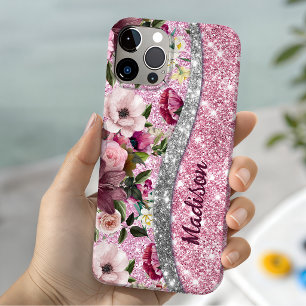 Case-Mate iPhone Case Chic pailleté floral Monogramme rose violet argent