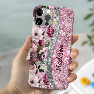 Coque Pour iPhone 14 Chic pailleté floral Monogramme rose violet argent