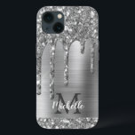 Case-Mate iPhone Case Chic Parties scintillant gris argent Lecteurs Mono<br><div class="desc">Elégante, moderne, poutres en argent gris argent, parties scintillant argent goutte en métal argent personnalisé nom et monogrammed coque iphone. Ce design présente des gouttes brillantes de parties scintillant argent sur arrière - plan en métal brossé gris avec personnalisation monogramme initial et modèle de texte de prénom. Un cadeau féminin...</div>
