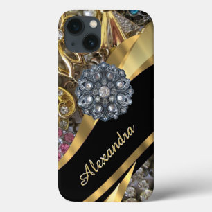 Etui iPhone 13 Chic personnalisé élégant strass en pierre d'or