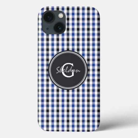 Coques Case-Mate iPhone chic preppy bleu noir en vichy motif monogramme (Verso)