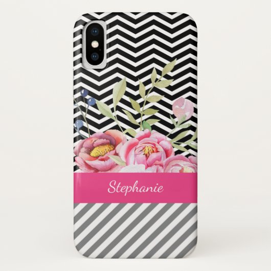 Coques Case-Mate iPhone Chic rose floral Chevron noir et blanc et nom (Dos)