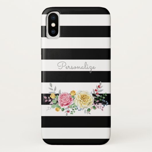 Coques Case-Mate iPhone Chic Rose Floral tendance rayures noires et nom (Dos)