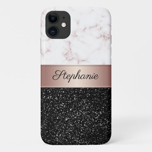 Coques Case-Mate iPhone Chic Rose Gold Marble Black Parties scintillant Aj (Dos)