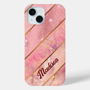 Coque Pour iPhone 15 Chic rose or girly élégante géométrique