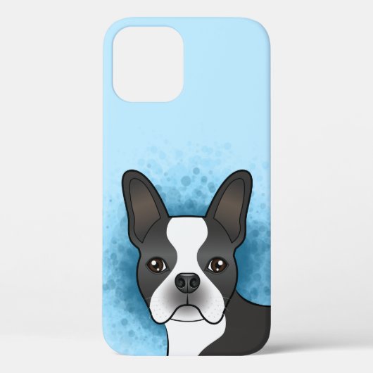 Coques Case-Mate iPhone Chien Caricature De Boston Noir Et Blanc Sur Bleu (Verso)