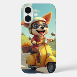 Coques iPhone 16 chien chevauchant un scooter