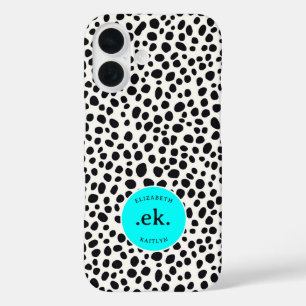 Coques iPhone 16 Chien dalmate Motif Abstrait Aqua Blue Monogramme