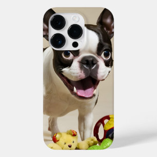 Coque Pour iPhone 14 Pro Chien de Boston Terrier jouant avec des jouets