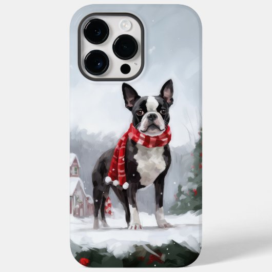 Coques Case-Mate iPhone Chien de Boston Terrier pendant Noël de neige (Verso)