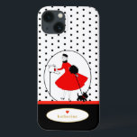 Case-Mate iPhone Case Chien écossais vintage rétro<br><div class="desc">Il présente un design rétro vintage d'une femme élégante et de son chien écossais. Fait en rouge classique et noir, accentué de pois noirs sur un arrière - plan blanc et personnalisé avec votre nom en couleur or texte. Fait un grand cadeau pour l'anniversaire, la remise des diplômes, les vacances,...</div>