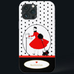 Case-Mate iPhone Case Chien écossais vintage Retro Lady<br><div class="desc">Il présente un design rétro vintage d'une femme élégante et de son chien écossais. Fait en rouge classique et noir, accentué de pois noirs sur un arrière - plan blanc et personnalisé avec votre nom en couleur or texte. Fait un grand cadeau pour l'anniversaire, la remise des diplômes, les vacances,...</div>