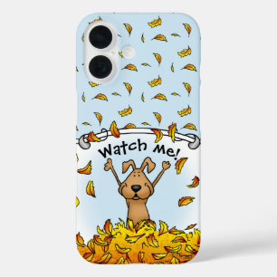 Coques iPhone 16 Chien Jouer dans un seau de feuilles d'automne - A