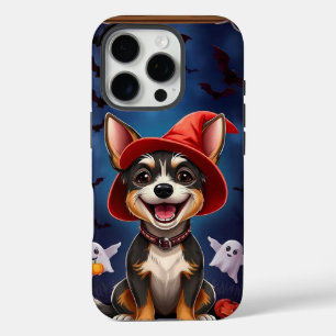 Coques iPhone 16 Pro Chien joyeux portant un chapeau de sorcière rouge,