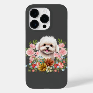 Coque Pour iPhone 14 Pro Chien maltais aux fleurs, Chien maltais mignon