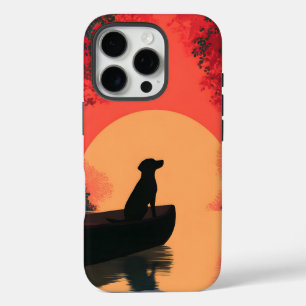 Coques iPhone 16 Pro Chien noir minimaliste du coucher du soleil