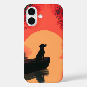 Coques iPhone 16 Chien noir minimaliste du coucher du soleil
