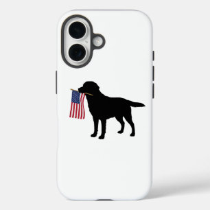 Coques iPhone 16 Chien noir tenant un drapeau américain - 4 juillet