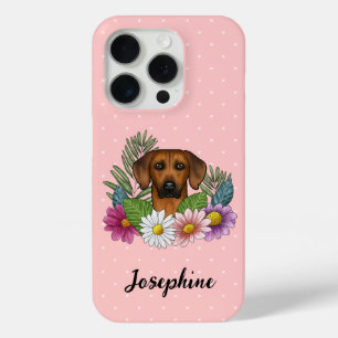 Coque iPhone 15 Pro Chien Rhodesian Ridgeback Avec Fleurs Et Nom Rose