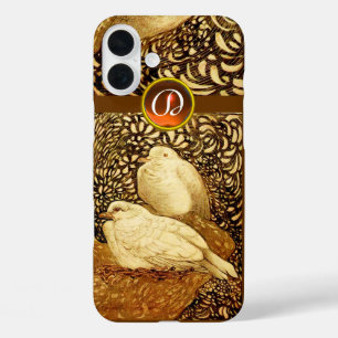 COQUES iPhone 16 PLUS CHIENS BLANCS EN SÉPIE BROWN, MONOGRAMME EN PIERRE