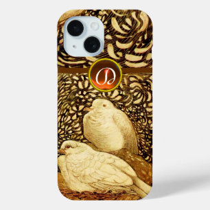 COQUE POUR iPhone 15 CHIENS BLANCS EN SÉPIE BROWN, MONOGRAMME EN PIERRE
