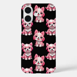 Coques iPhone 16 Chiens roses mignons - Noir