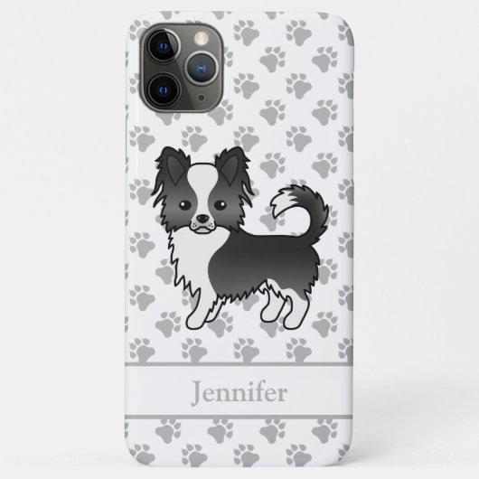 Coques Case-Mate iPhone Chihuahua à poil long noir et blanc & nom (Dos)