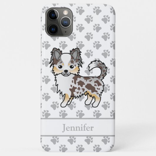 Coques Case-Mate iPhone Chihuahua au pelage long Merle Chocolat & Nom (Dos)