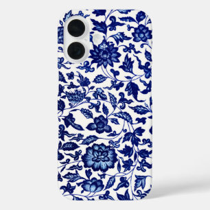 Coques iPhone 16 Chinois bleu marine foncé motif floral sur blanc