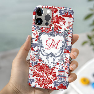 Coque Pour iPhone 14 Chinoiserie vintage Delft rouge français monogramm