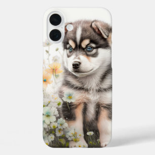 COQUES iPhone 16 PLUS CHIOT DE HUSKY SIBÉRIEN MIGNON DANS LES FLEURS SAU