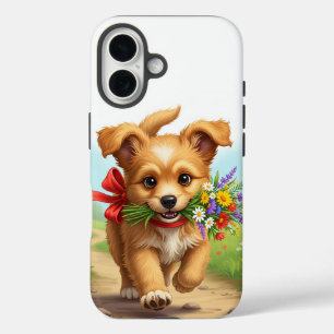 Coques iPhone 16 Chiot portant arc livrant des fleurs anniversaire