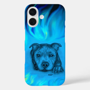 Coques iPhone 16 Chiots Staffy Bleu