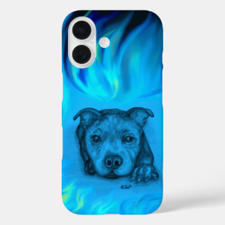 Coques iPhone 16 Chiots Staffy Bleu